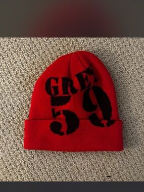 Red Knit Beanie with Black Graphic Stencil